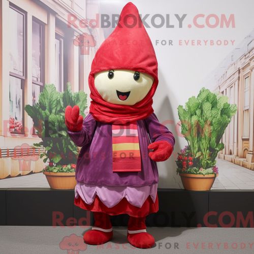 Costume Mascotte Redbrokoly De Navet Rouge Habillé D Une Combinaison Et D Écharpes