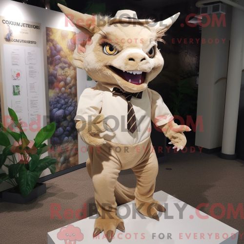 Costume Mascotte Redbrokoly De Chupacabra Beige Personnage Habillé D Un Chemisier Et D Épinglettes