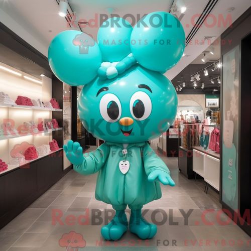 Costume De Mascotte Redbrokoly De Ballons En Forme De Coeur Bleu Sarcelle Habillé Avec Un Coupe-Vent Et Des Bracelets