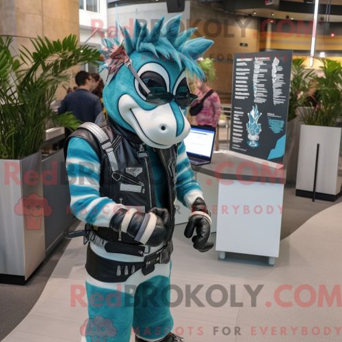 Costume De Mascotte Redbrokoly De Zèbre Bleu Sarcelle Habillé Avec Une Veste De Moto Et Des Lunettes