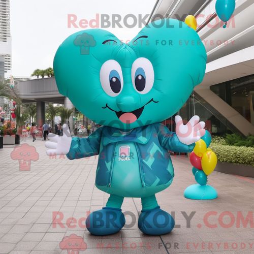 Costume De Mascotte Redbrokoly De Ballons En Forme De Coeur Bleu Sarcelle Habillé Avec Un Coupe-Vent Et Des Bracelets