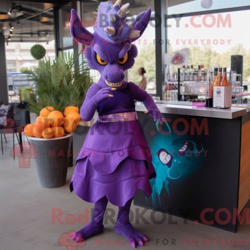 Costume Mascotte Redbrokoly De Chupacabra Violet Personnage Habillé Avec Une Robe De Cocktail Et Des Boucles D Oreilles