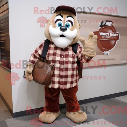 Personnage De Costume De Mascotte Redbrokoly De Montre-Bracelet Marron Habillé D Une Chemise En Flanelle Et De Sacs Fourre-Tout