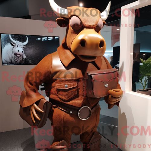 Personnage De Costume De Mascotte Redbrokoly De Taureau Brun Habillé Avec Une Veste Et Des Pochettes
