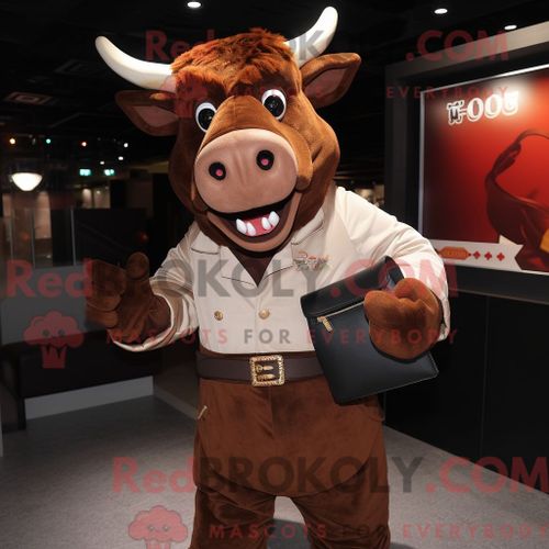 Personnage De Costume De Mascotte Redbrokoly De Taureau Brun Habillé Avec Une Veste Et Des Pochettes