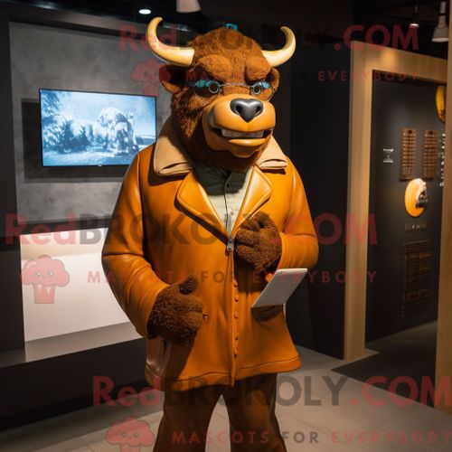 Personnage De Costume De Mascotte Redbrokoly De Taureau Brun Habillé Avec Une Veste Et Des Pochettes