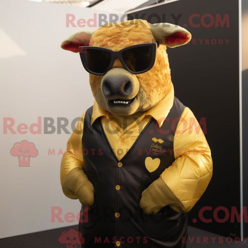 Personnage De Costume De Mascotte Redbrokoly De B?uf Wellington Doré Habillé D Un Gilet Et De Lunettes De Soleil