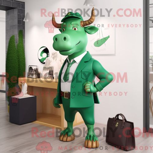 Personnage De Costume De Mascotte Redbrokoly De Taureau Vert Habillé Avec Un Pantalon Habillé Et Des Sacs À Main