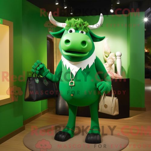 Personnage De Costume De Mascotte Redbrokoly De Taureau Vert Habillé Avec Un Pantalon Habillé Et Des Sacs À Main