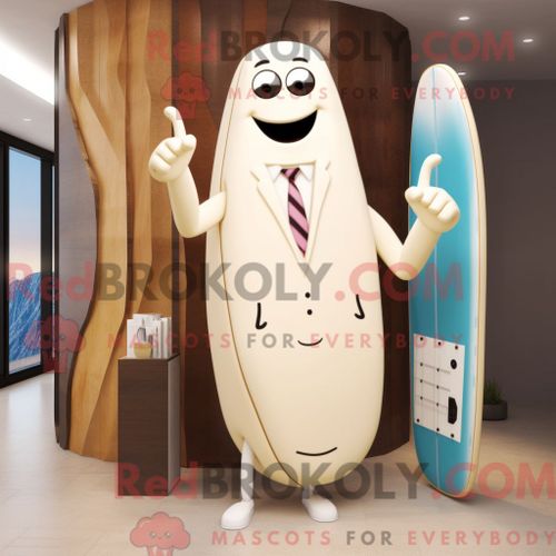 Personnage De Costume De Mascotte Redbrokoly De Planche De Surf Crème Habillé D Un Blazer Et De Sacs À Main