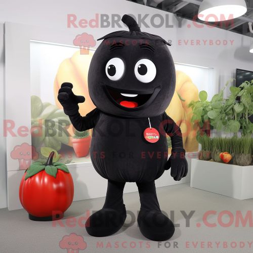 Costume Mascotte Redbrokoly De Tomate Noire Personnage Habillé Avec Un Pantalon En Velours Côtelé Et Des Boucles D Oreilles