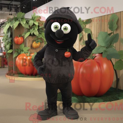 Costume Mascotte Redbrokoly De Tomate Noire Personnage Habillé Avec Un Pantalon En Velours Côtelé Et Des Boucles D Oreilles