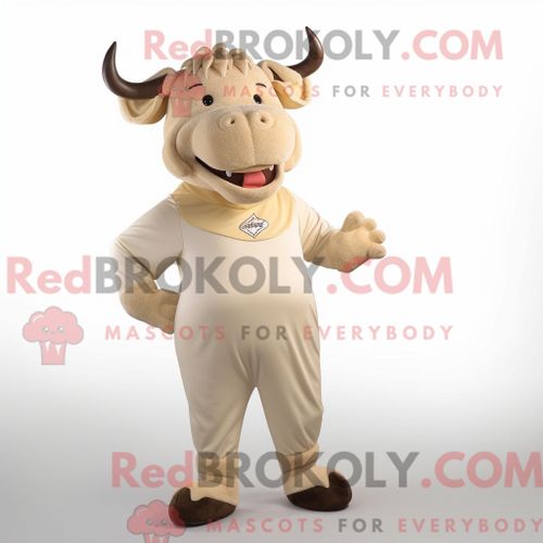 Costume Mascotte Redbrokoly De Taureau Beige Habillé D Un Pantalon Capri Et De Coussinets De Pieds