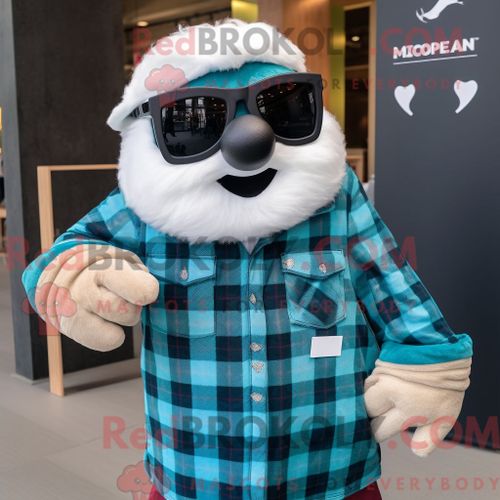 Costume Mascotte Redbrokoly De Shepard S Pie Bleu Sarcelle Habillé D Une Chemise En Flanelle Et De Lunettes De Soleil