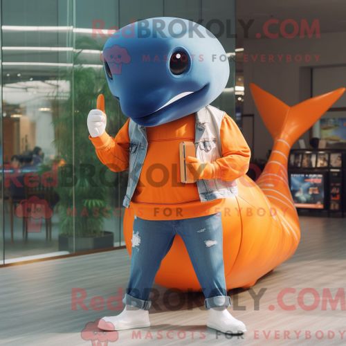 Costume Mascotte Redbrokoly De Baleine Bleue Orange Habillé D Un Jean Et De Montres Connectées