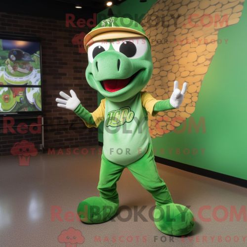 Costume De Mascotte Redbrokoly De Python Vert Habillé D Un T-Shirt De Baseball Et De Bonnets