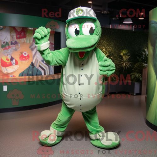 Costume De Mascotte Redbrokoly De Python Vert Habillé D Un T-Shirt De Baseball Et De Bonnets