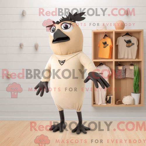 Costume Mascotte Redbrokoly De Merle Beige Personnage Habillé Avec Un Rash Guard Et Des Épingles À Cheveux