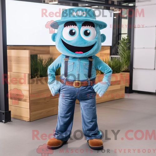 Costume Mascotte Redbrokoly De Pho Turquoise Habillé D Une Chemise En Jean Et De Ceintures