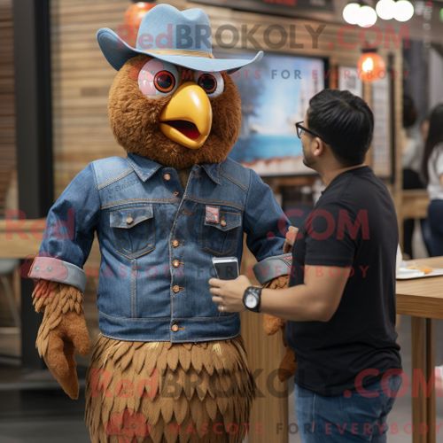 Personnage De Costume De Mascotte Redbrokoly De Poulet Au Beurre Brun Habillé Avec Une Chemise En Jean Et Des Montres