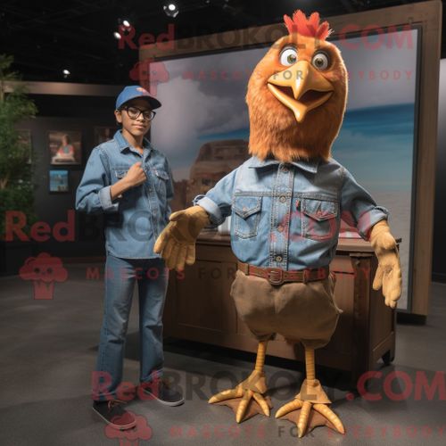 Personnage De Costume De Mascotte Redbrokoly De Poulet Au Beurre Brun Habillé Avec Une Chemise En Jean Et Des Montres