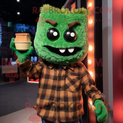 Costume Mascotte Redbrokoly De Nachos Verts Personnage Habillé D Une Chemise En Flanelle Et De Mitaines