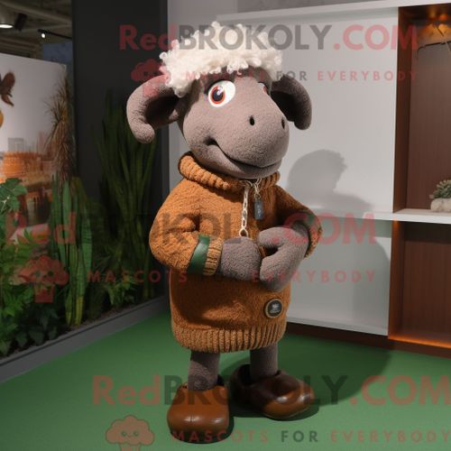 Costume Mascotte Redbrokoly De Mouton Marron Habillé D Un Pull Et De Broches