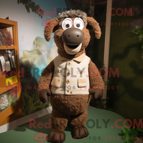 Costume Mascotte Redbrokoly De Mouton Marron Habillé D Un Pull Et De Broches
