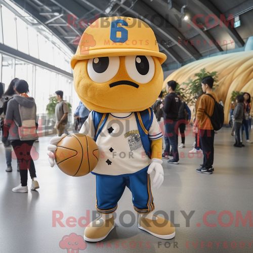 Personnage De Costume De Mascotte Redbrokoly De Ballon De Basket-Ball Doré Habillé D Un Jean Maman Et De Bérets