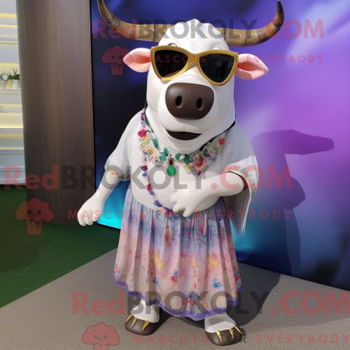 Costume De Mascotte Redbrokoly De Taureau Habillé D Une Jupe Longue Et De Lunettes De Soleil