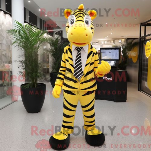Personnage De Costume De Mascotte Redbrokoly De Zèbre Jaune Citron Habillé Avec Un Pantalon De Costume Et Des Portefeuilles