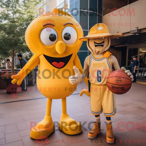 Personnage De Costume De Mascotte Redbrokoly De Ballon De Basket-Ball Doré Habillé D Un Jean Maman Et De Bérets