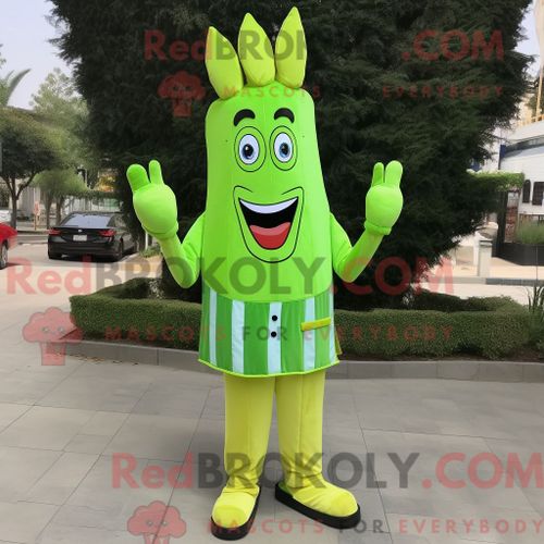 Personnage De Costume De Mascotte Redbrokoly De Frites Vert Citron Habillé Avec Un Pantalon Habillé Et Des Pinces À Chaussures