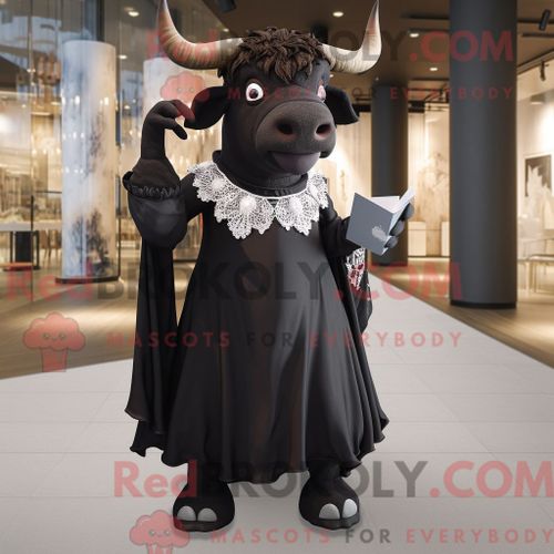Costume De Mascotte Redbrokoly De Taureau Noir Habillé D Une Robe Taille Empire Et De Cravates