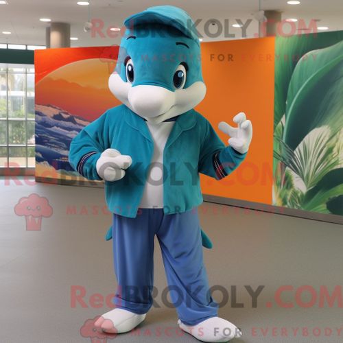 Costume De Mascotte Redbrokoly De Dauphin Bleu Sarcelle Habillé D Un Jean Et D Un Bracelet De Montres