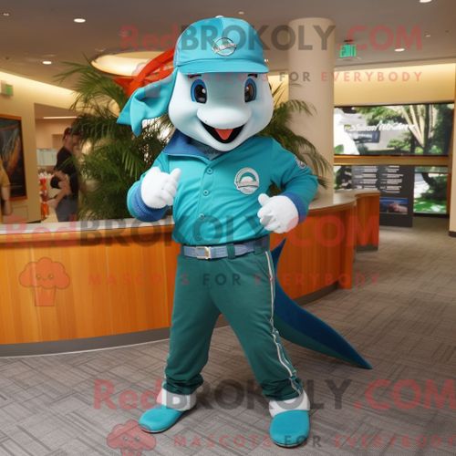 Costume De Mascotte Redbrokoly De Dauphin Bleu Sarcelle Habillé D Un Jean Et D Un Bracelet De Montres