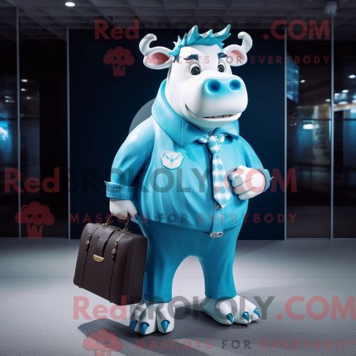 Costume De Mascotte Redbrokoly De Taureau Cyan Habillé D Une Chemise En Popeline Et De Sacs À Main