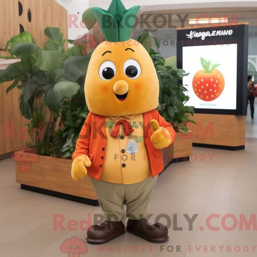 Costume De Mascotte Redbrokoly Tan Mango Habillé Avec Une Veste Et Des Bracelets De Cheville