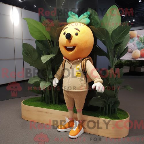 Costume De Mascotte Redbrokoly Tan Mango Habillé Avec Une Veste Et Des Bracelets De Cheville