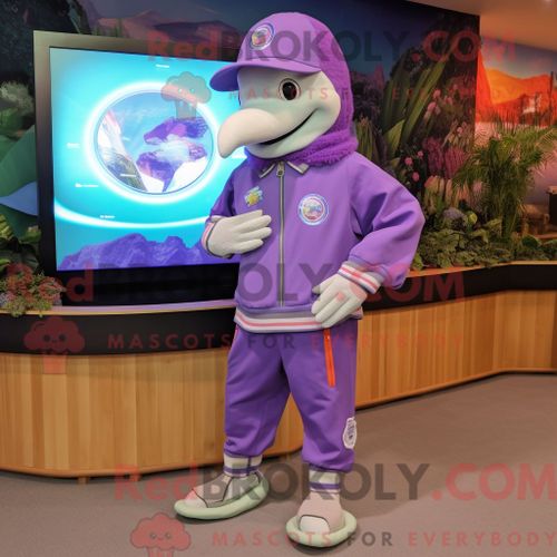 Personnage De Costume De Mascotte Redbrokoly De Dauphin Violet Habillé D Un Pantalon Chino Et De Montres Numériques