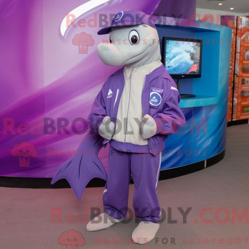 Personnage De Costume De Mascotte Redbrokoly De Dauphin Violet Habillé D Un Pantalon Chino Et De Montres Numériques
