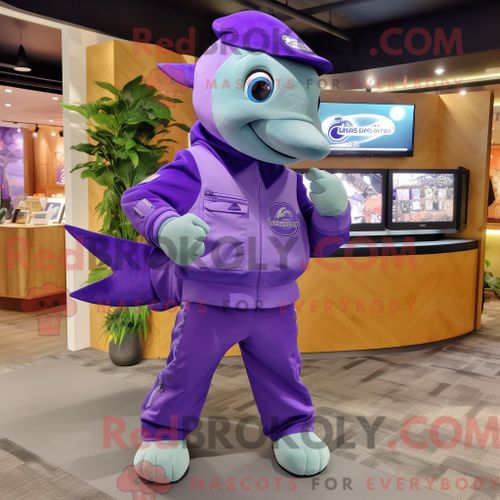 Personnage De Costume De Mascotte Redbrokoly De Dauphin Violet Habillé D Un Pantalon Chino Et De Montres Numériques