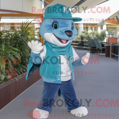 Costume De Mascotte Redbrokoly De Dauphin Bleu Sarcelle Habillé D Un Jean Et D Un Bracelet De Montres