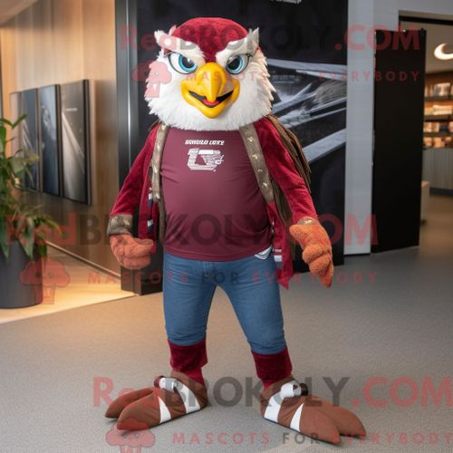 Costume De Mascotte Redbrokoly D Aigle De Maroon Haast Habillé Avec Un Jean Et Des Colliers
