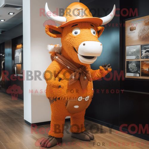 Costume De Mascotte Redbrokoly De Taureau Orange Personnage Habillé D Un Cardigan Et D Épingles À Chapeau