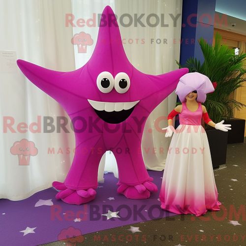 Costume De Mascotte Redbrokoly D Étoile De Mer Magenta Personnage Habillé D Une Robe De Mariée Et De Coussinets De Pieds