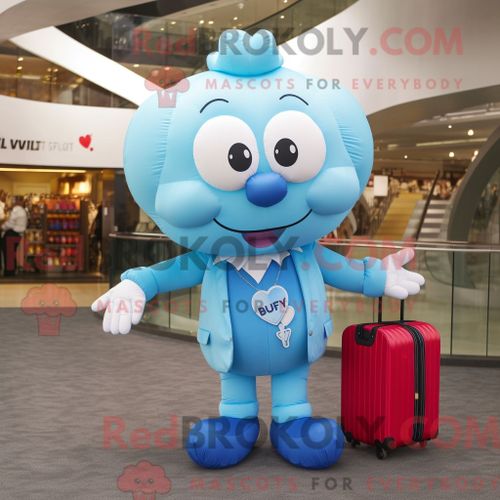 Costume De Mascotte Redbrokoly De Ballons En Forme De Coeur Bleu Ciel Personnage Habillé Avec Une Chemise Henley Et Des Porte-Documents