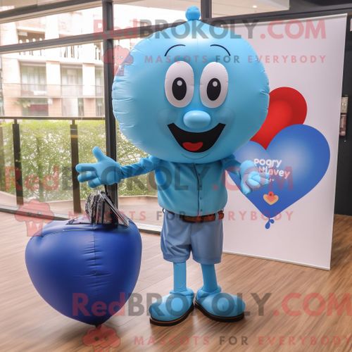 Costume De Mascotte Redbrokoly De Ballons En Forme De Coeur Bleu Ciel Personnage Habillé Avec Une Chemise Henley Et Des Porte-Documents