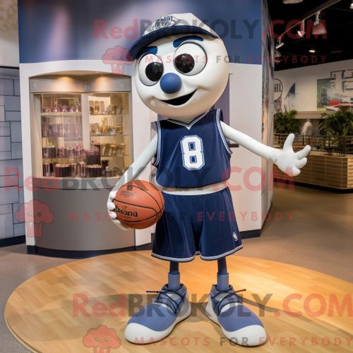 Costume De Mascotte Redbrokoly De Ballon De Basket-Ball Bleu Marine Habillé D Un Short En Jean Et De Cravates