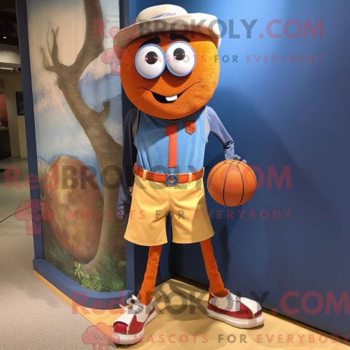 Personnage De Costume De Mascotte Redbrokoly De Ballon De Basket-Ball Rouille Habillé Avec Un Short En Jean Et Des Épingles À Cravate